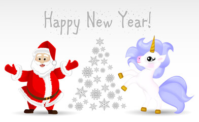 New year card with unicorn and santa claus