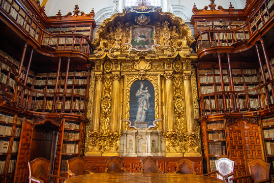 Biblioteca Palafoxiana en la ciudad de Puebla, Mexico, fuente de libros, cultura, historia, retablos, antiguos y muebles de madera clasica de la epoca de la conquista, b&oacute;vedas aniguas