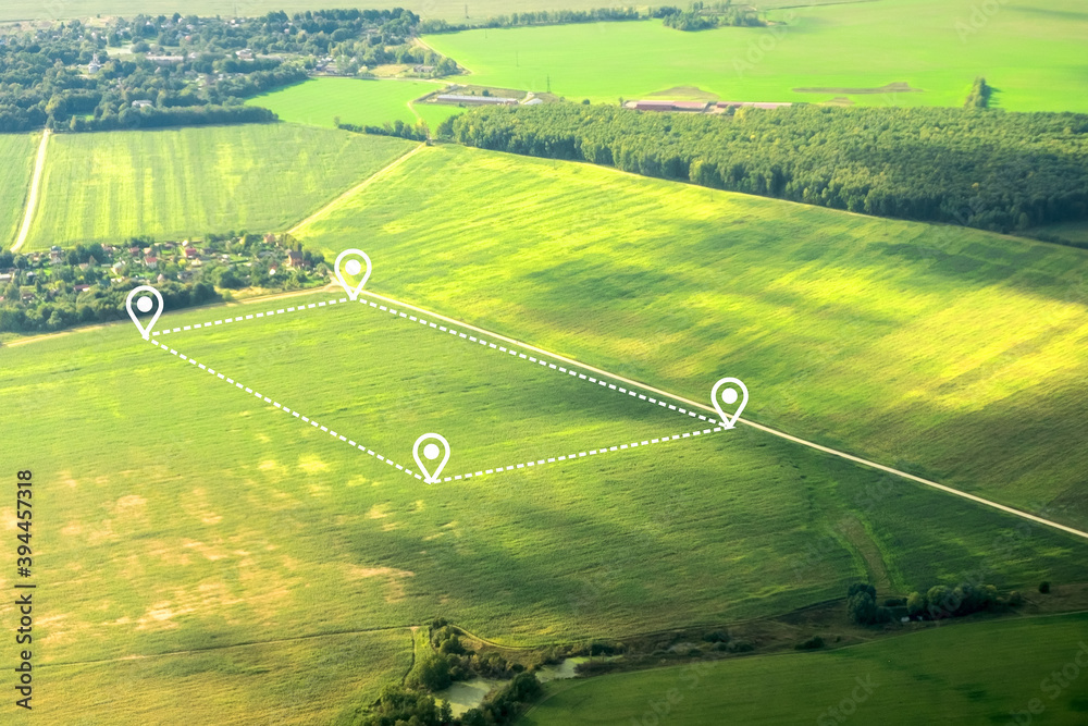Wall mural aerial view of green field, position point and boundary line to show location and area. a tract of l