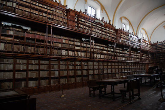 Biblioteca Palafoxiana en la ciudad de Puebla, Mexico, fuente de libros, cultura, historia, retablos, antiguos y muebles de madera clasica de la epoca de la conquista, b&oacute;vedas aniguas