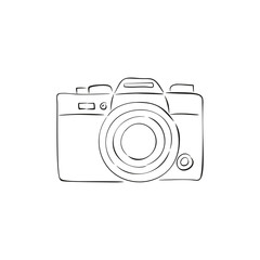 Colorful line vector illustration retro camera. Hand drawn ink vintage cameras with outline. Sketch and cartoon style. Hand drawn.