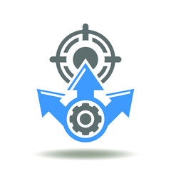 Aim and direction arrows with gear icon vector. Courage symbol. Goal success solution sign.