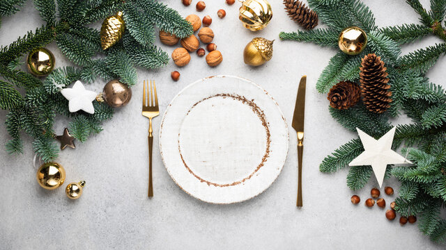 Christmas Banner Dinner Table Setting Frame With Empty Plate, Cutlery, Christmas Toys And Fir Tree. Winter Holidays Background