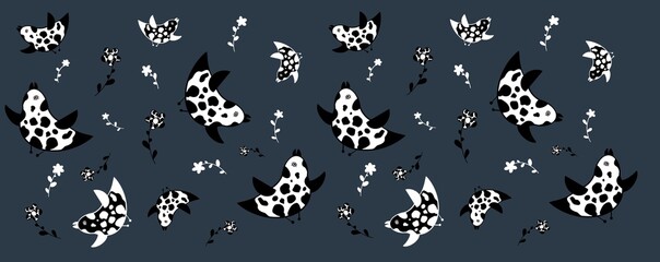 Illustration with birds and flowers, pattern for decor and design