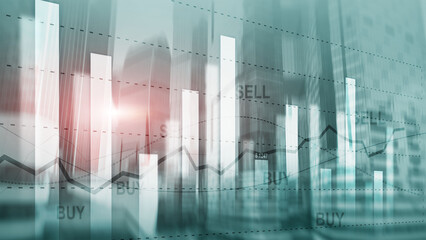 Candle stick graph chart of stock market investment trading on buildings background.