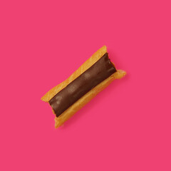 Eclair bitten with two groans with custard and chocolate icing on a pink background, close-up. Traditional French dessert. homemade baking