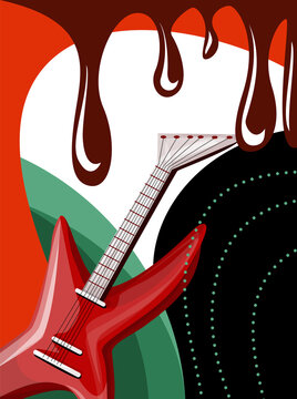 Vector image in boho style in bright colors. The main element is the guitar. Rock music concept. EPS 10