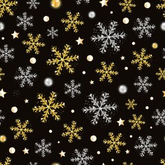 Seamless pattern Christmas and New year with gold and silver snowflakes, stars and bright balls on black background. Xmas decoration. Vector