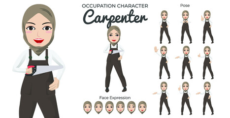 Muslim Carpenter Character Set with Variety of Pose and Face Expression