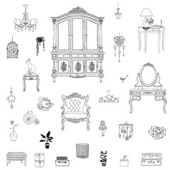 Set of icons furniture and decorative elements for interiors in Provence style.Hand-drawn vector illustration.
