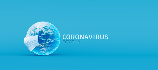 Planet Earth wearing medical mask, Coronavirus global pandemic background 3D Rendering