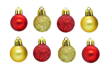 Red golden colorful Christmas tree decoration balls set isolated on white background