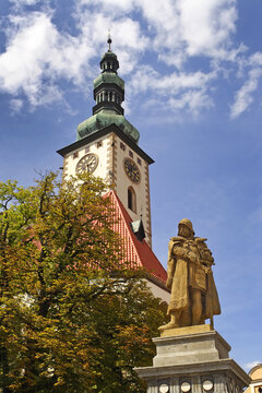 Jan Zizka Monument on main square of Tabor city. The historic core is an urban conservation area. It is the regional center of tourism. Czech Republic