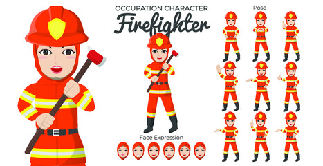Muslim Firefighter Character Set with Variety of Pose and Face Expression