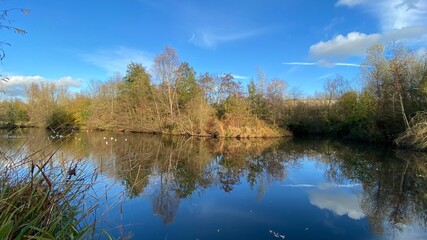 Fototapeta premium Park canal in a beautiful sunny autumn day with trees and cloud reflecting on the calm, still water, scenic nature landscape, beautiful nature, blue sky and water.