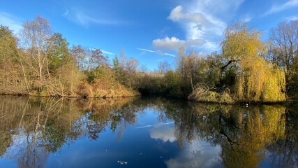 Park canal in a beautiful sunny autumn day with trees and cloud reflecting on the calm, still water, scenic nature landscape, beautiful nature, blue sky and water.