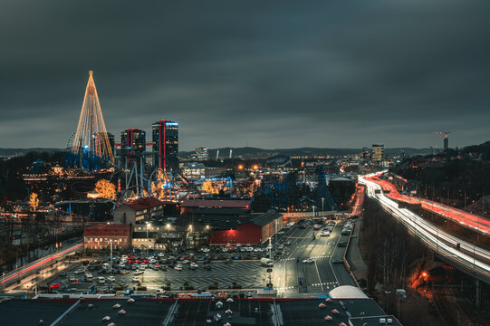 Aerial view of city at night, Sweden