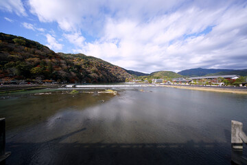 Kyoto,Japan-November 22,2020: View of Arashiyama and Katsura river from Togetsukyo bridge
