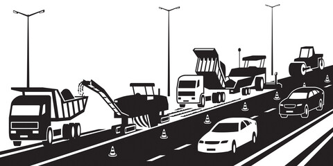 Repair of a highway in traffic – vector illustration