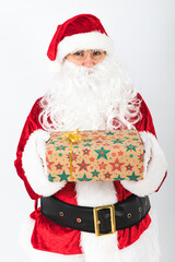Santa Claus hold a gift on white background. Christmas concept