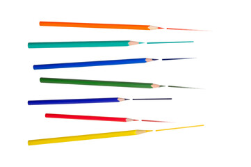 Sharpcoloured pencils. Drawn lines. Colour probe with different pressure forces. All rainbow...