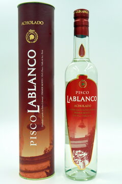 Lima, Peru -  December 9, 2017: Bottle of Lablanco Pisco Acholado from Peru.