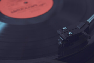 Xmas record playing on gramophone. Festive mood. Hygge lifestile. 