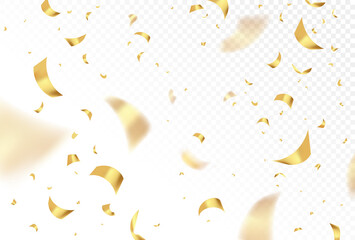 Vector falling shiny golden confetti isolated on transparent background. Christmas party, birthday festive
