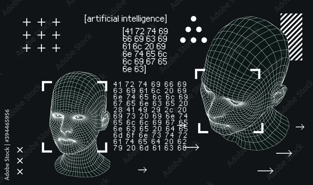 Poster silhouette of 3d low poly human head. concept of artificial intelligence and neural network.