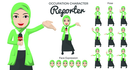Muslim Reporter Character Set with Variety of Pose and Face Expression
