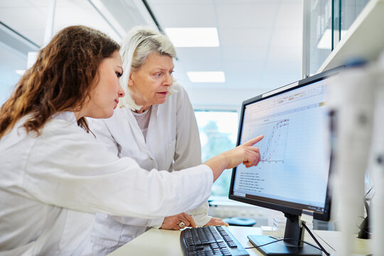 Women analyzing chart on computer screen, Sweden