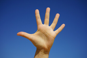 female hand close-up against a cloudless blue sky