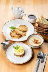 Yummy substantial lunch, menu photography in a studio, soft light and shadows, top view, side view