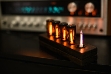 Close up of handmade illuminator from gas discharge lamps 