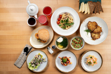 Restaurant menu with different meals, european cuisine, top view