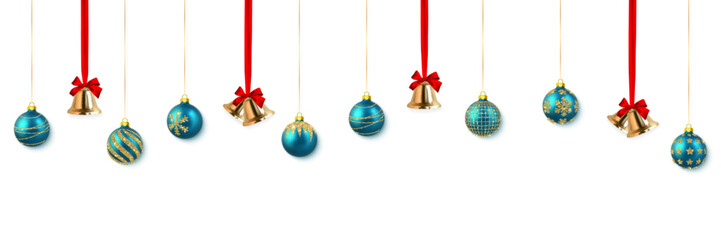 Festive Christmas or New Year Background. Christmas gold bell with red bow and xmas blue ball. Vector illustration