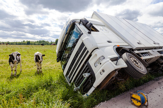 Overturned lorry on road side, Sweden