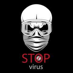 Skull in a protective mask and goggles. Stop the virus.