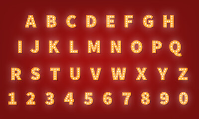 Casino retro gold typography font. 3d light bulb alphabet