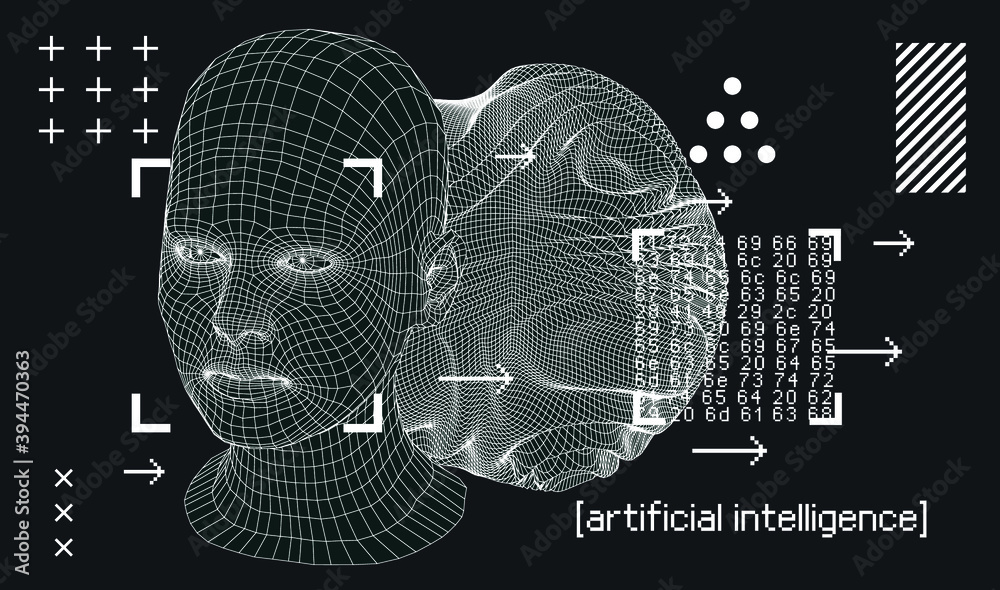 Poster Silhouette of 3d low poly human head. Concept of Artificial intelligence and Neural Network.