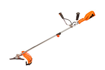 Orange electric lawn trimmer at white background - 394470303