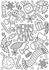 Doodle coloring book page merry christmas pattern. Antistress for adult