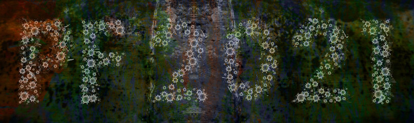 Happy new year 2021 card design. Happy new year 2021. Glowing font on an abstract background. Coronavirus themed font. Holiday glowing illustration. Covid 19 happy new year theme. PF 2021.
