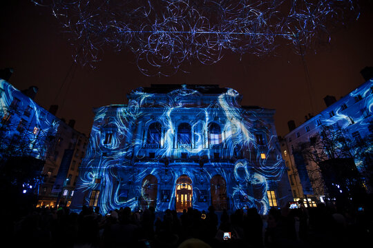 Lyon, France, Europe, 6th December 2019, a view of the Fetes des Lumieres aka festival of light and the lightning cloud at the celestins theatre