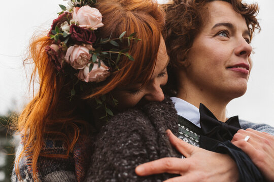 Lesbian couple embracing affectionately, Sweden