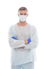 medical worker man in protective costume isolated on white keep safe of covid19 sars virus...
