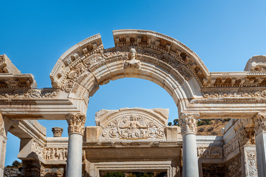 Ancient city Ephesus (Efesus) in Turkey. Ruins in the ancient Greek city Ephesus  on the coast of Ionia sea in Selchuk, Izmir Province, Turkey at summer day