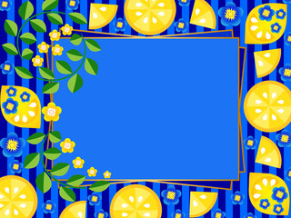 Fruit pattern of lemons, lemon slices, flowers and green twigs on a geometric blue striped background with a gold frame for your text.