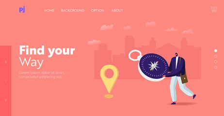 Geolocation Gps Navigation Landing Page Template. Tiny Male Character with Huge Compass Orienteering. Man Searching Way