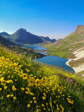View of a lake in mountains. Hakkari cilo sat lakes, snowy mountains and natural scenery
